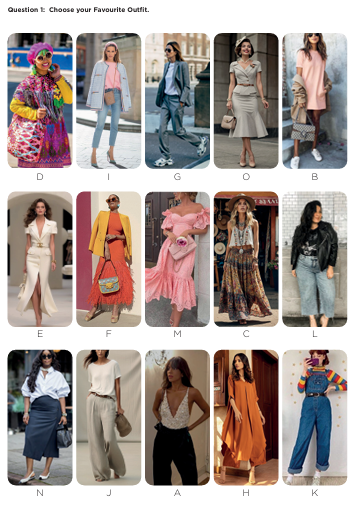 Twelve outfits arranged in a 5 by 3 grid labelled A through O. Pick the letter you find most appealing.